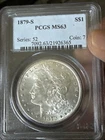 1879 S Morgan Silver Dollar MS63-Toned Older Holder Blues/Gold