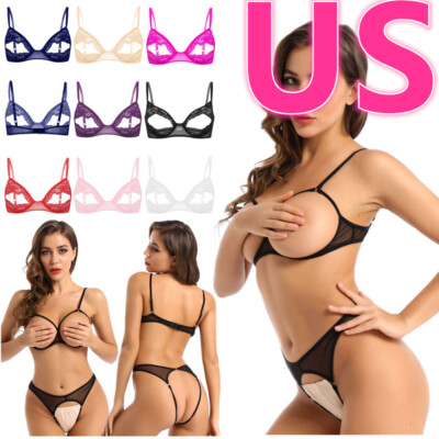 US Women Sheer Bra Lace Floral Lingerie Wire-Free Unlined Triangle Bralette Top 