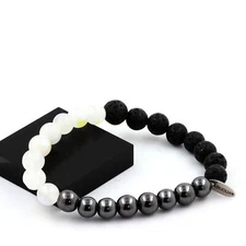 Bracelet Beads Moonstone + Lava+Hematite 8 Mm. Manufactured IN France