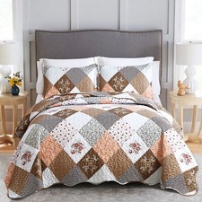 Dinjoy Floral Plaid Patchwork Quilt Set King Size, Reversible Brown Bedding S...