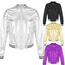Kids Girls Metallic Bomber Jackets Coat Zip Up Jazz Dance Crop Top Outerwear