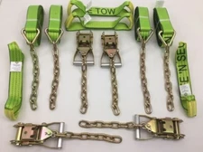 8 pt Kit 14 Hi-VIZ TECNIC Webbing Rollback / Flatbed Car Tie-Down w/ Chain Tails
