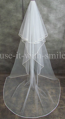 BRAUT ELFENBEIN 2 ETAGEN KAPELLE HOCHZEITSSCHLEIER 126'' SATINBAND KANTE NEU UK 