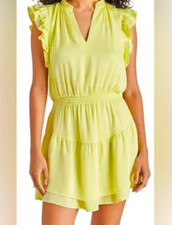Steve Madden Women's Prairie Dreams Mini Dress w/ Ruffle Size L Golden Lime NWT