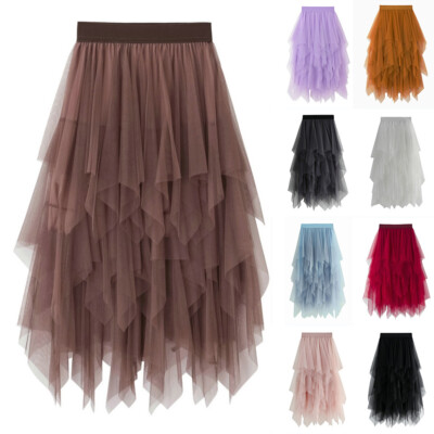 Damen Asymmetrisch Netz Durchsichtig Lagig Rock Tüll Tutu-Party Clubwear Gothic