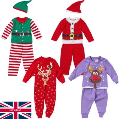 FESTIVE FRIENDS Kinder Jungen Weihnachtsmann kleiner Elfenhelfer! Weihnachtskleid Pyjama & Mütze Set