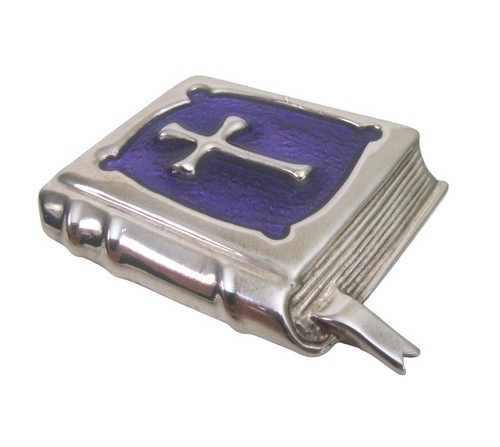 Vintage DaneCraft Purple Enamel Silver Bible Brooch Sterling Plated Christianity - Picture 3 of 5
