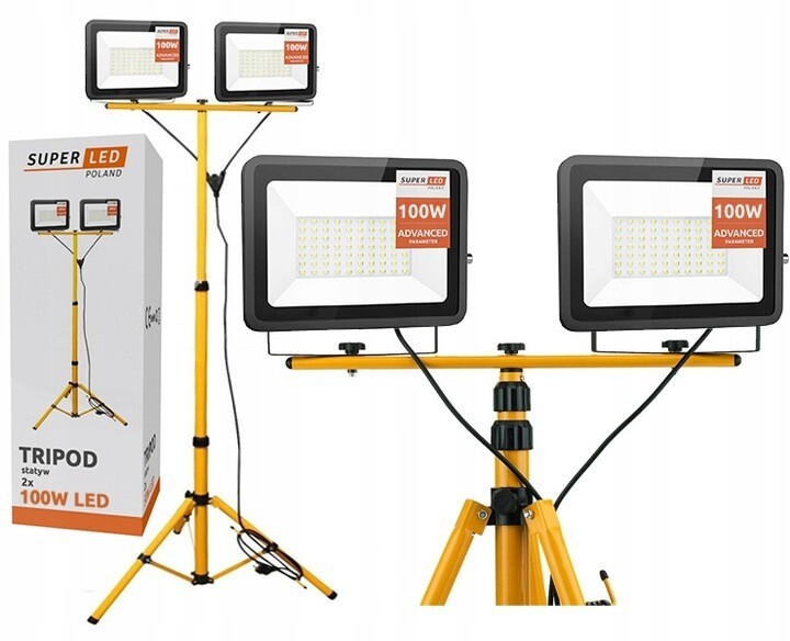 Kit projecteurs LED 2x50W chantier avec trépied télescopique 140cm jaune