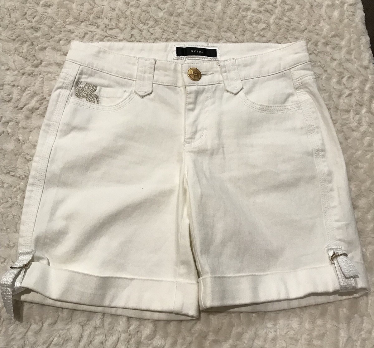 Womens Jean White Shorts by Noir Embroidered Pockets Cuff Leg Gold