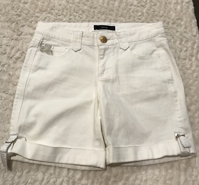 Womens Jean White Shorts by Noir Embroidered Pockets Cuff Leg Gold