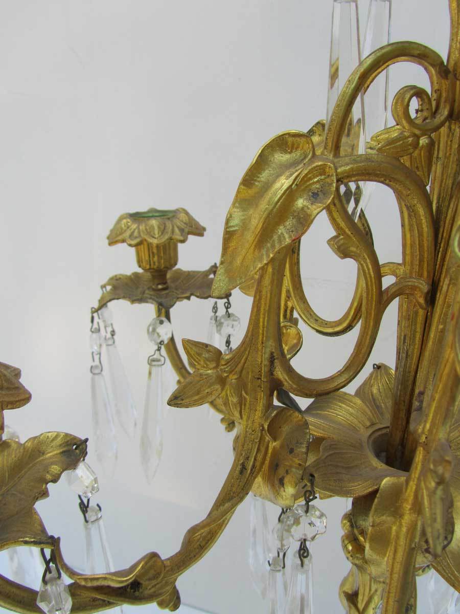 A Pair of Antique Gilt Bronze & Crystal Ornate Candlestick Candelabras