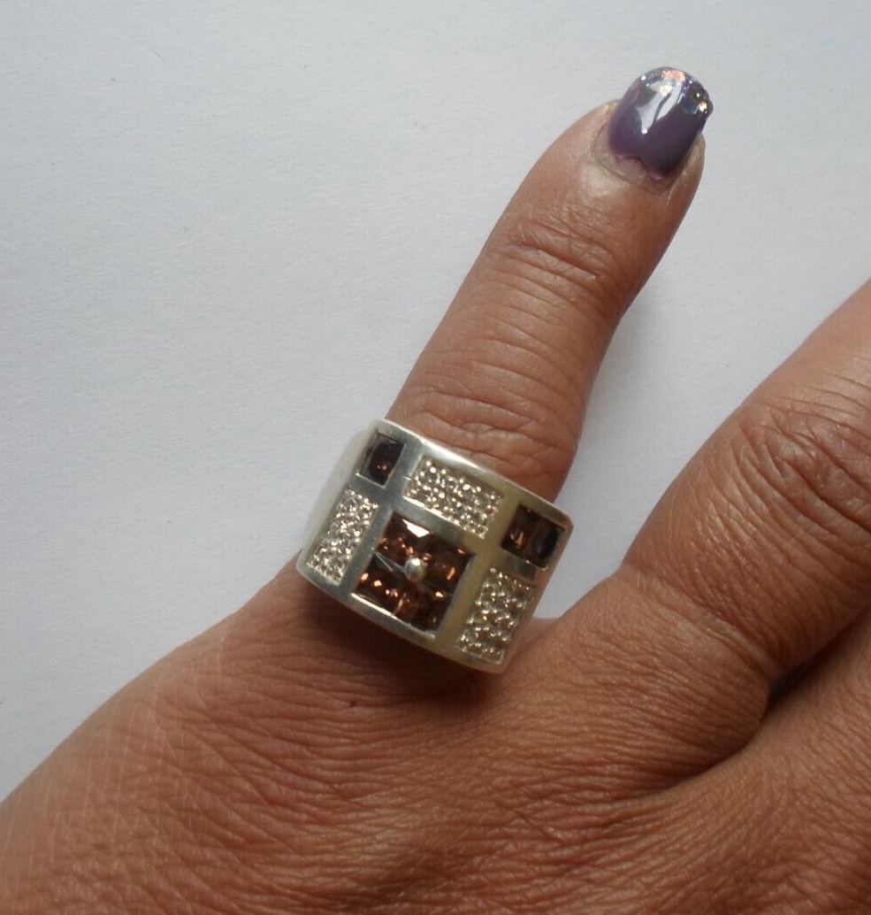 Bague En Argent Massif Avec Quartz Fumé Et Zircons - Taille 57, Occasion, Pierre Principale Argentée
