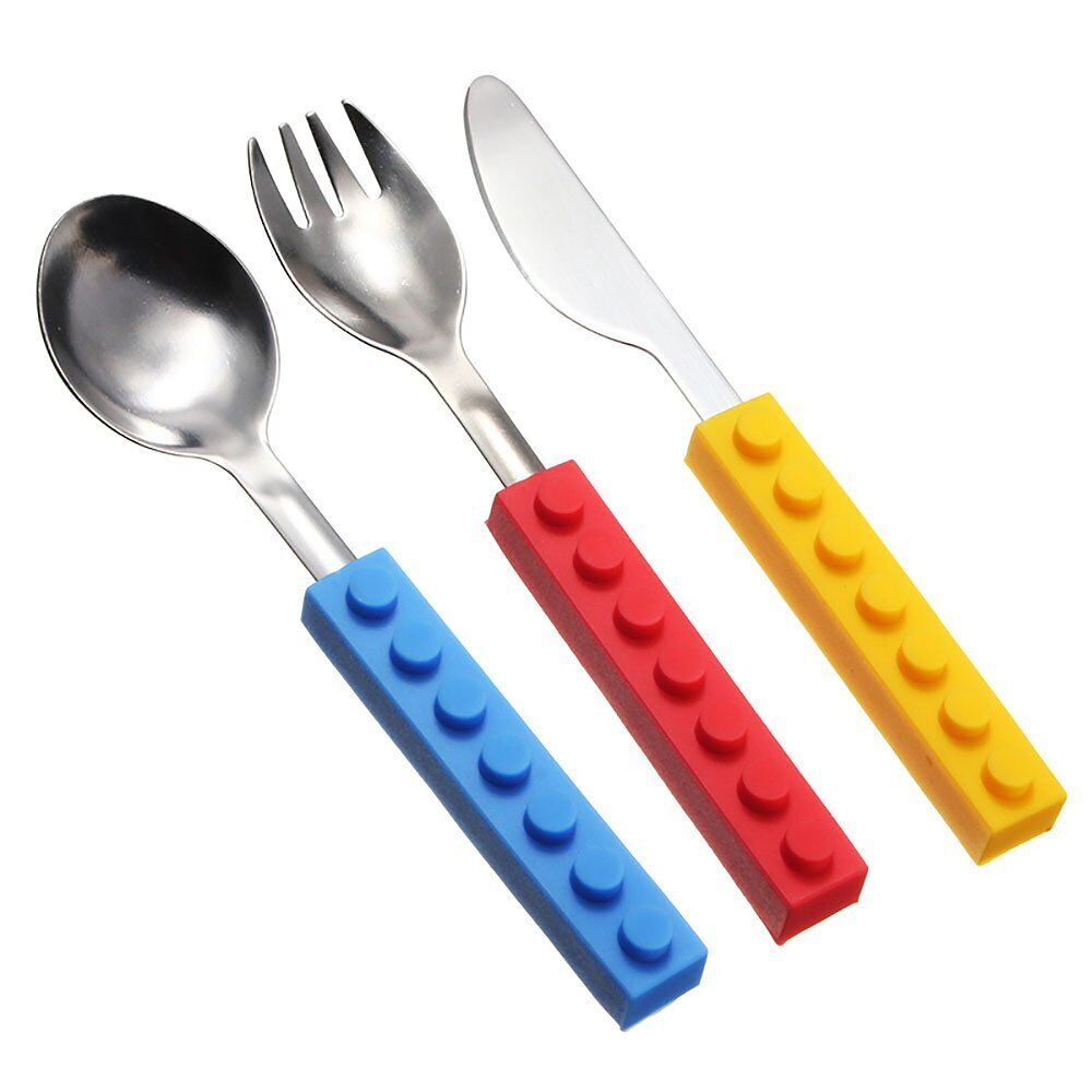 Silicone Building Block Kids Utensil Child Funny Tool Like Spoon Fork Knife  Sets