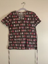 Just Be Multi-Color Pink Owl Mock Neck Scrub Top Medical Uniform Small