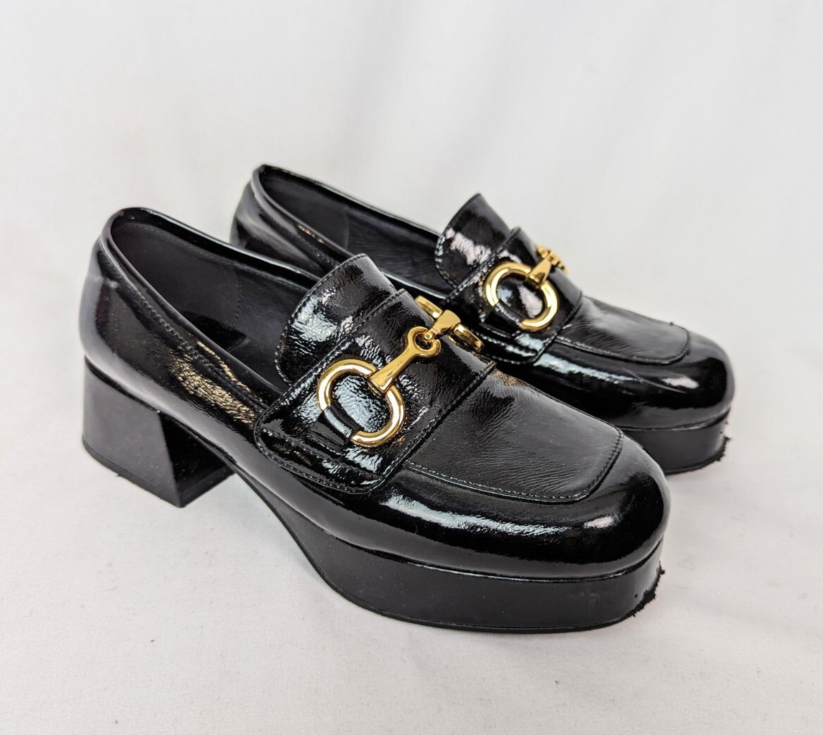 Jeffrey Campbell Student Black Patent Leather Heel Shoes Loafer Bit Grunge