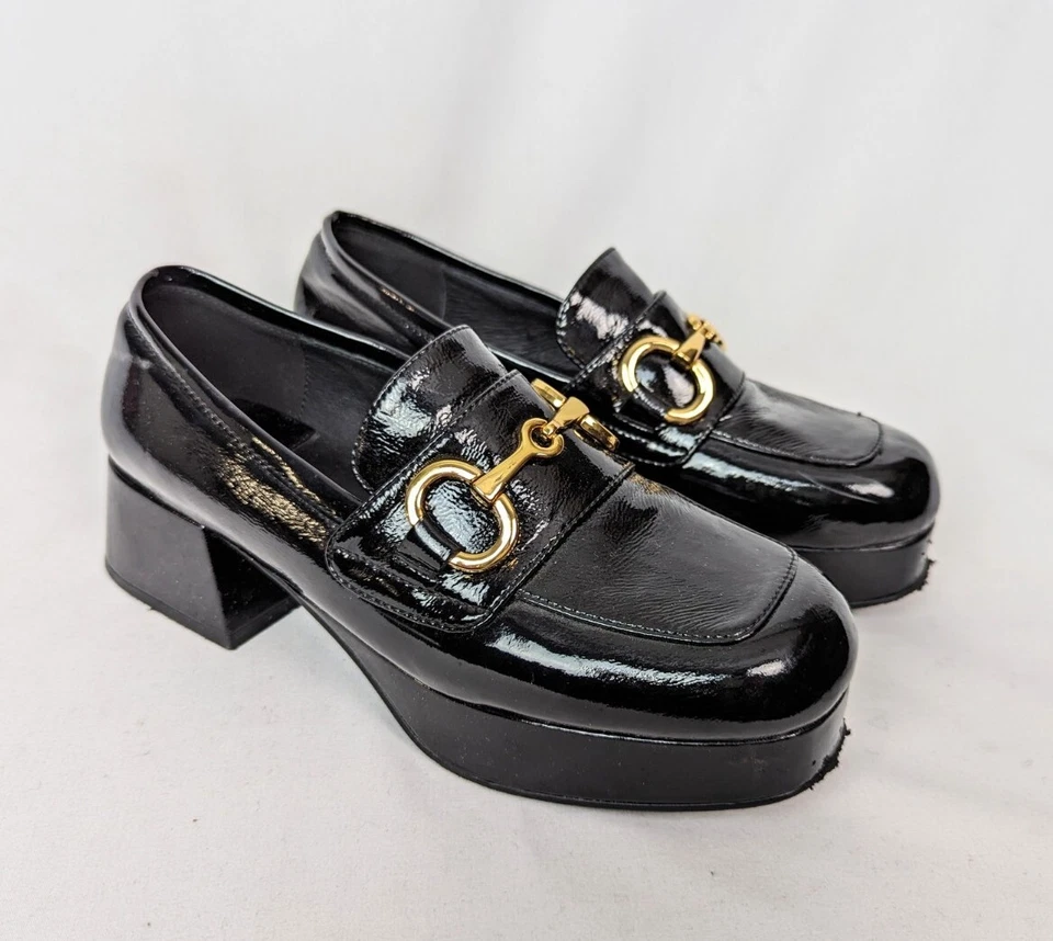 Jeffrey Campbell 7 Estudiante Negro Charol Tacón Zapatos Mocasín Bit Grunge 