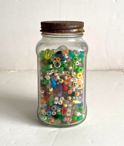 Vintage Glass Mason Jar of Plastic Multicolor Beads Bracelet Necklace Jewelry