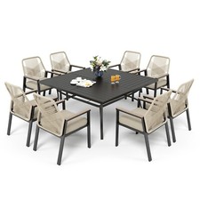 9-Piece Patio Dining Set 60" Square Dining Metal Table with 8 Wicker Armchairs