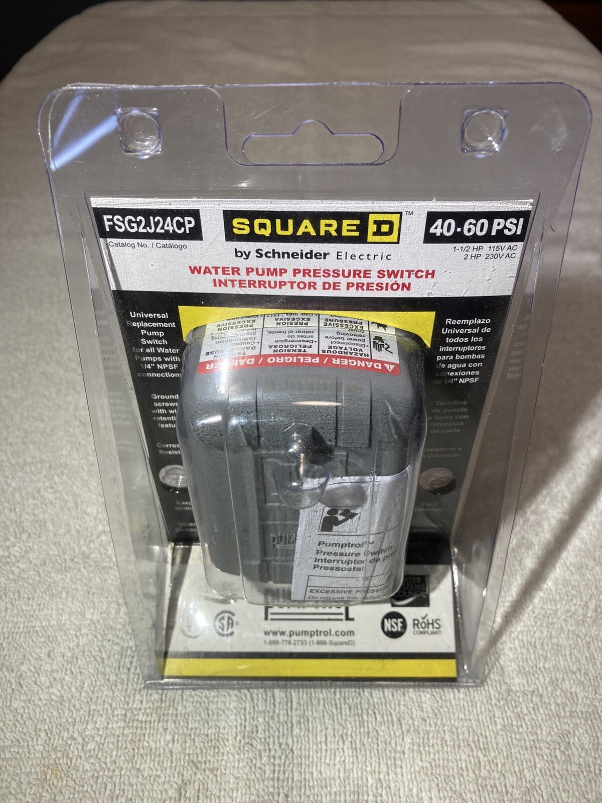 Square D FSG2J24M4CP Pumptrol Water Pressure Switch, 40-60 PSI With Low Pressure Cut-Off