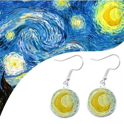 Van Gogh Starry Night Painting (Half Moon) Drop Glass Earrings