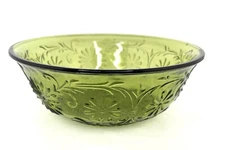 Vintage 1979 FTD Olive Green Glass Serving Bowl – Embossed Floral Design, 7.5” D