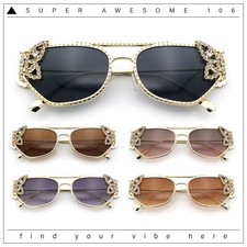 Luxury Womens Heavy Rhinestone Iced Out Cat Eye Metal Sunglasses