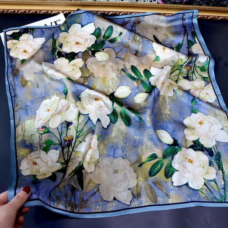 100% Silk Scarf Blue Camellia Floral Square Bandana Wrap 68x68cm for Women