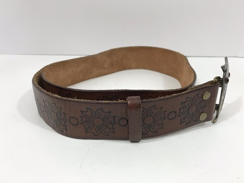 Vtg Belt 90s Style Distressed Leather Brown OWL Women Sz36" Floral Hollister - Picture 2 of 12