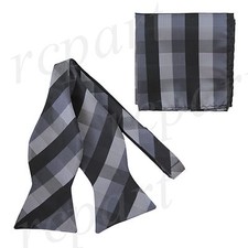 New in box Brand Q Men's Self-tied Bow Tie  Hankie Squares Checkers Gray Black