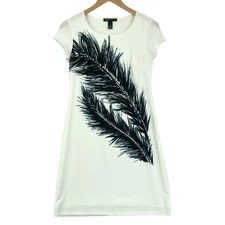 INC International Concepts Women White w/Black Leaf Cap Sleeve Shirt Dress Sz PS