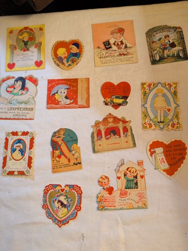 Vintage Valentine Cards Lot 14 Die Cut Mechanical USA 1930s 1940s Retro Art Deco