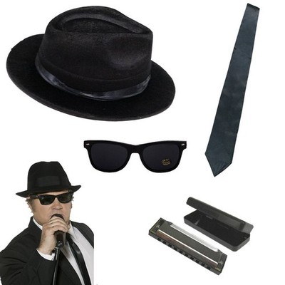 Blues Brothers Set = 4 Teile Hut Brille Schlips Zigarre Mundharmonika Gr.59/60
