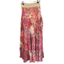 Vintage Resortwear Paisley Maxi Skirt Bohemian Boho Chic Tiered Pink Orange M