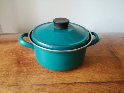 Vintage Emaille Kochtopf Topf mit Deckel 50er dunkel grün 1 Liter