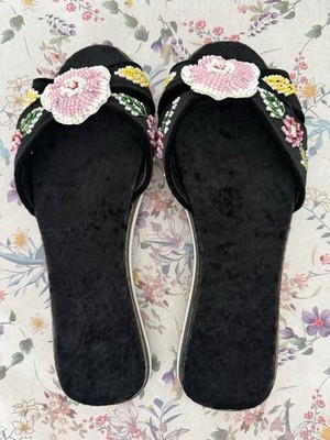 Women's Velvet Beaded Floral Slide Slippers, Assorted Colors, Flat Heel alfombra