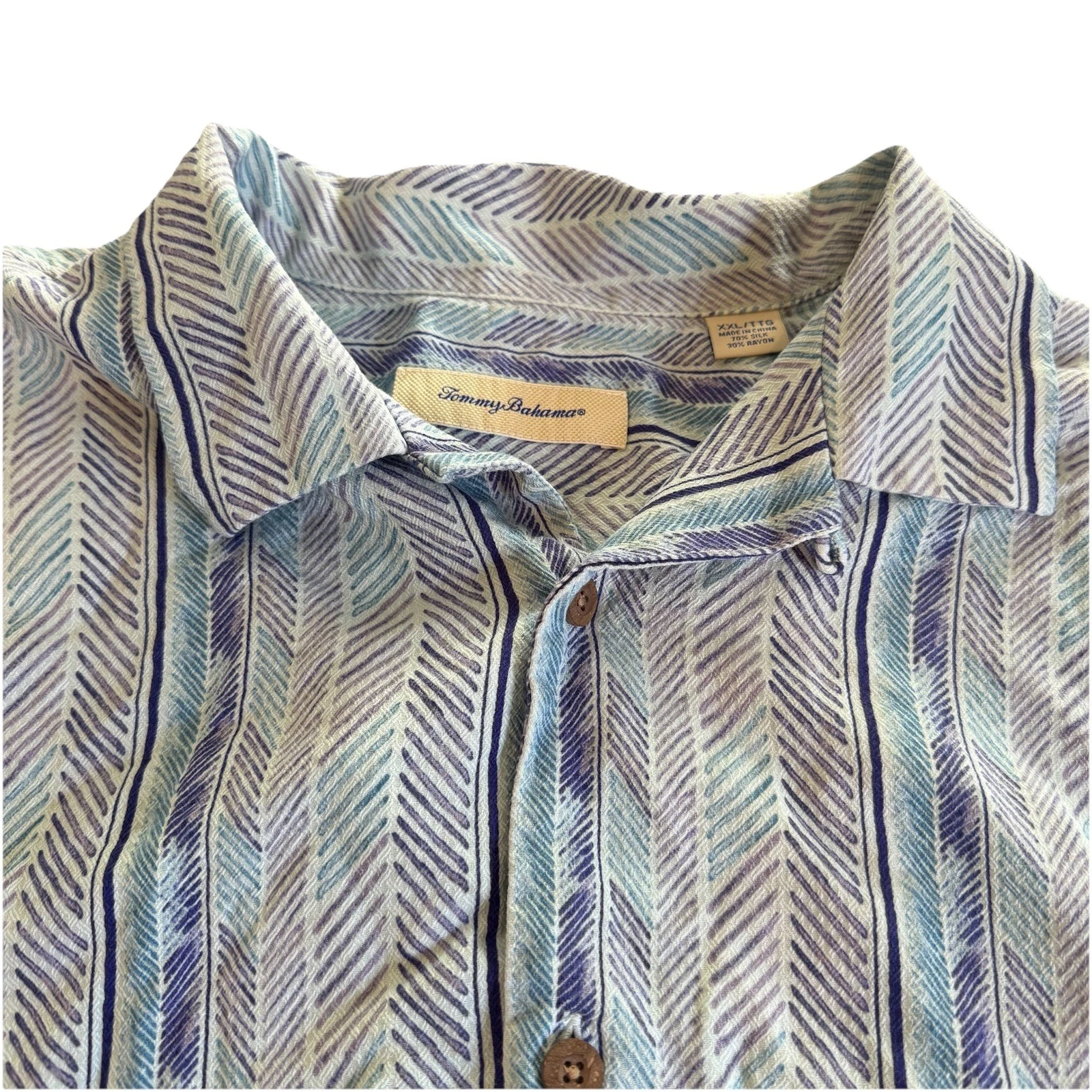 Tommy Bahama Shirt Mens XXL Button Up 70% Silk Loop Collared Blue Pattern