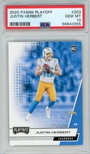 Justin Herbert #203 (RC) 2020 Panini Playoff Rookie Card PSA 10 Gem Chargers. rookie card picture