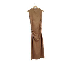 Quince Women Stretch Cotton Jersey Mock Neck Midi Dress Basic Sleeveless Tan M