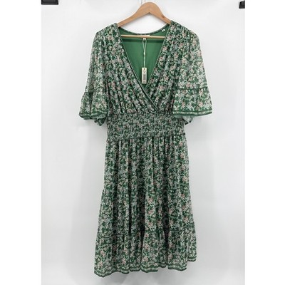 NWT Max Studio Chiffon Floral Tiered Midi Dress Green Smocked Flutter Sleeve 2X