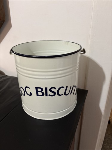 White Enamelware Metal Dog Biscuit Can Extra Large For XL Dog Treats. With Lid