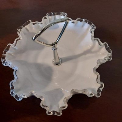 Vtg FENTON Silver Crest Ruffled Milk Glass Candy Dish W/Metal Handle. Perfect.
