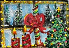 ACEO Original PAINTING Xmas CANDLES Tree Window Winter Snow Landscape ATC ART