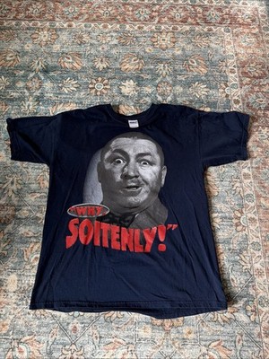 VTG 1999 Curly Three Stooges TV Promo T-Shirt Why Soitenly Large Navy Big Face