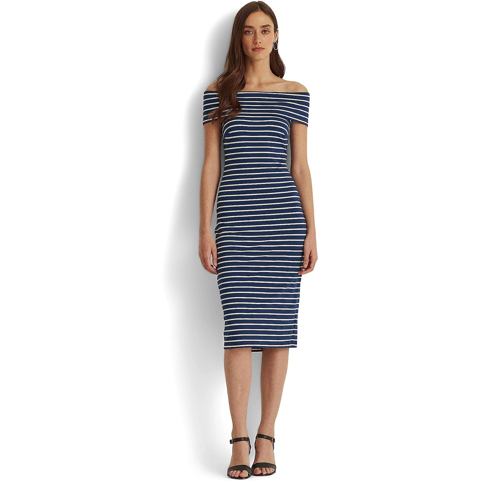 Lauren Ralph Lauren Women Navy Striped Jersey Off-The-Shoulder Dress Size 14