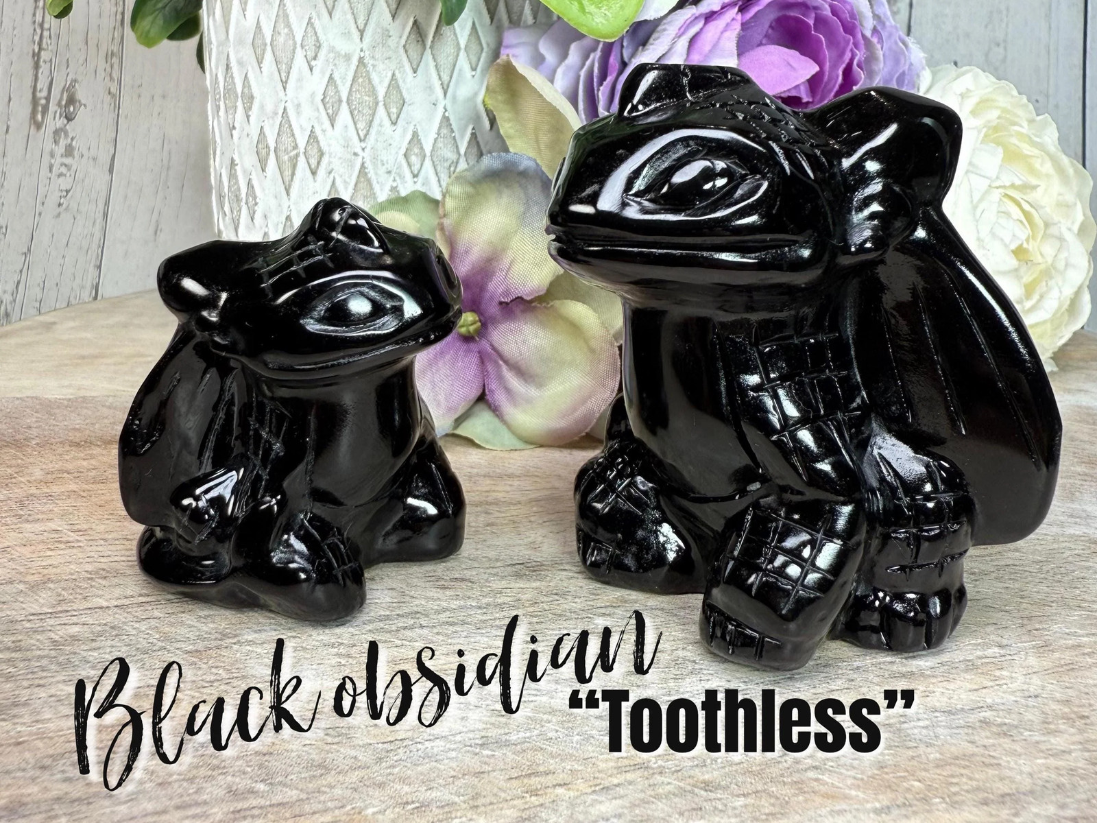 Black Obsidian Toothless Dragon Carving, Polished Black Obsidian Toothless,