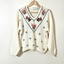 Vtg Knit Sweater Floral Embroidered Grannycore Cottagecore Pink Green Flowers