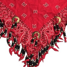 1990s Americana Western Wear Red Black Gold Cotton Beaded Fringe Bandana HTF