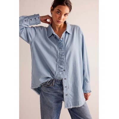 Free People Oversized Menswear Ruffle Night Moves Button Down Shirt Blue Medium
