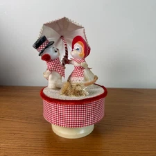 Vintage Sankyo Musical Frosty the Snowman Couple Umbrella Red Gingham Music Box