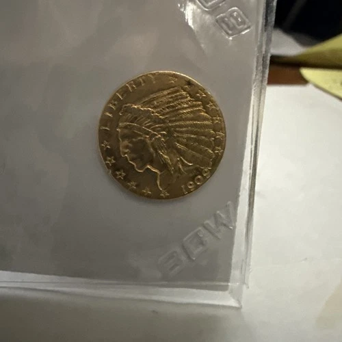 AU 1909 Indian Head Gold Quarter Eagle, $2.50 Problem-Free U.S. Coin Likely UNC